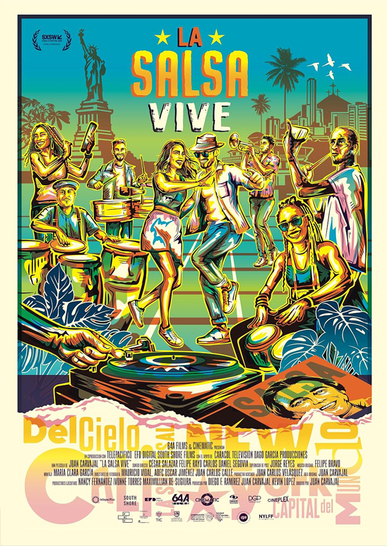 Poster de la película La salsa vive, dibujos de músicos tocando instrumentos y bailarines.